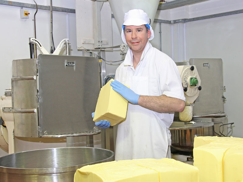 This photograph shows the blocks of butter which are mixed with the flour and other ingredients to make the rich buttery pastry. Each block weighs 25kgs.