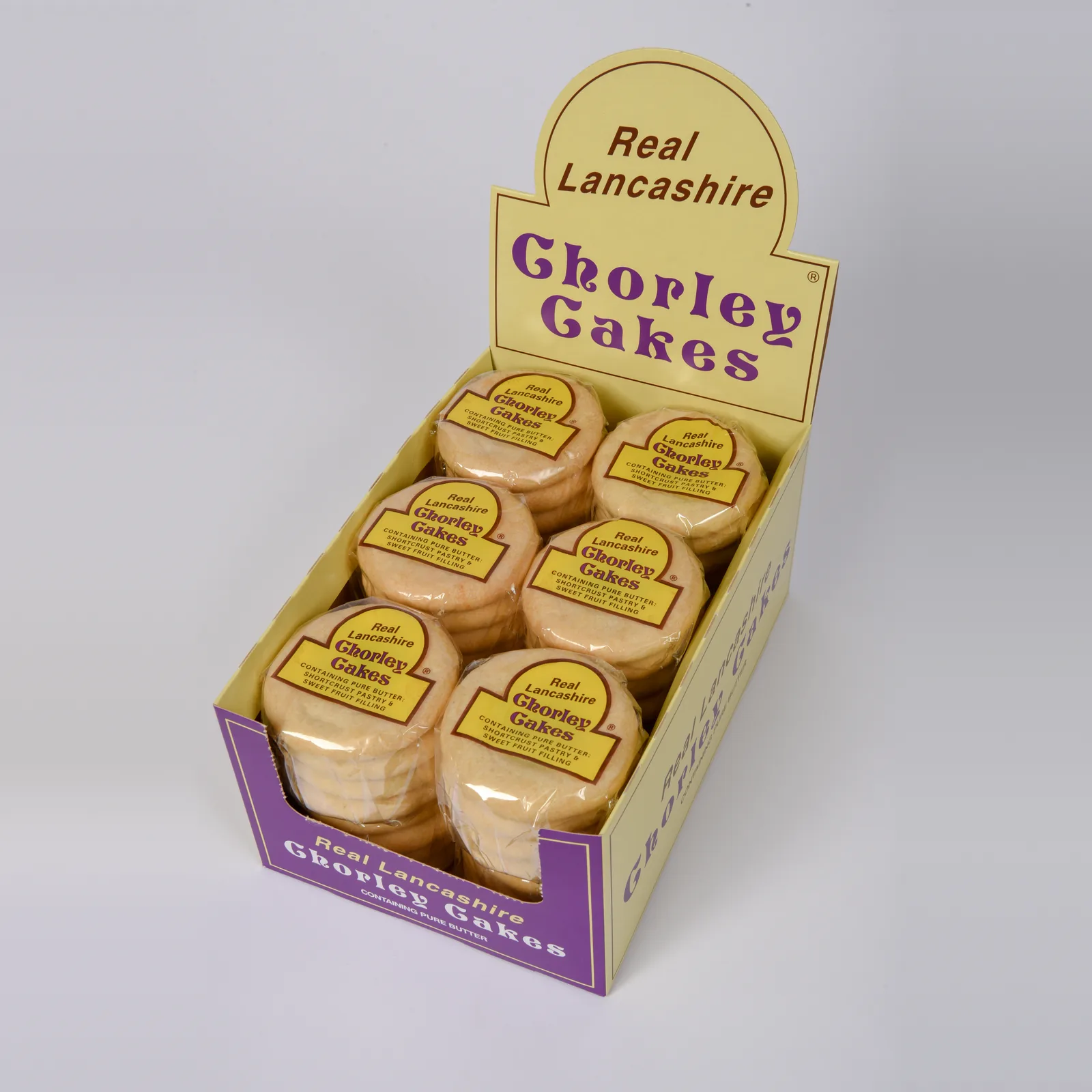 Display box of Real Lancashire Chorley Cakes 4-packs