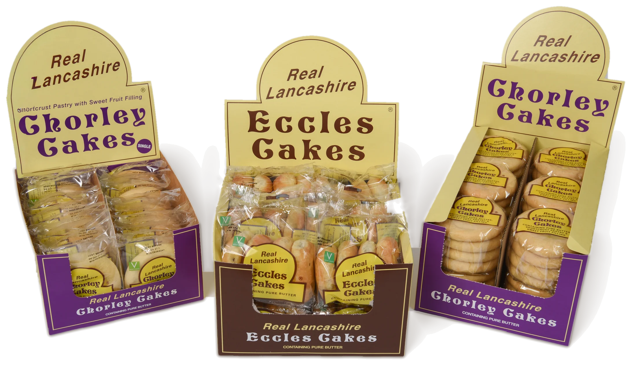 Display boxes of Real Lancashire Chorley Cakes singles, Eccles Cakes and Chorley Cakes 4-packs
